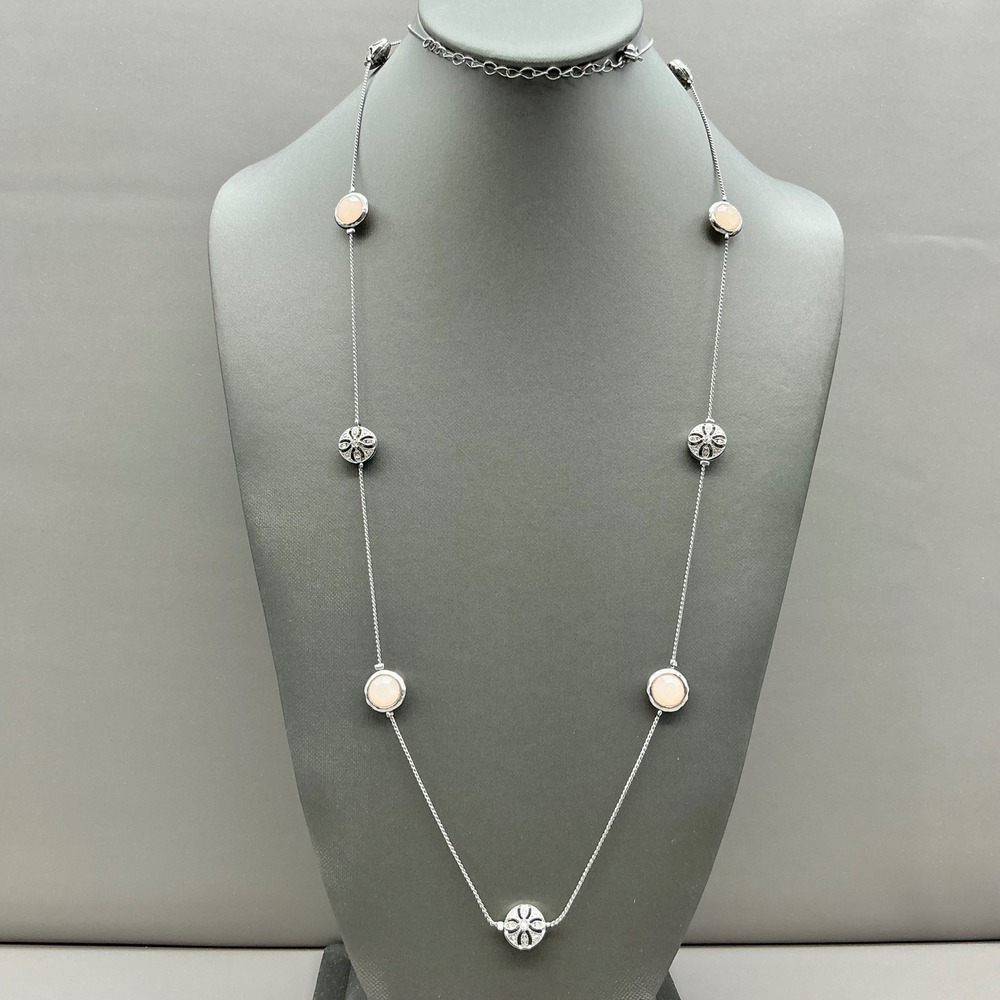 Necklace Womens Pink Silver Tone Station Flower Crystal Long Layering 36 Inch